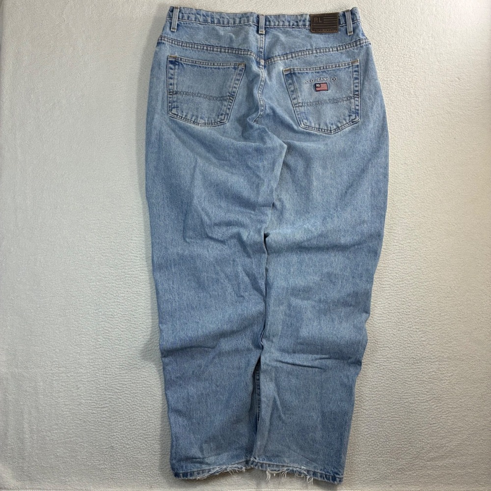 Y2K Polo Ralph Lauren Baggy Jeans Men 36x34 Blue Embroidered Denim Co Distressed